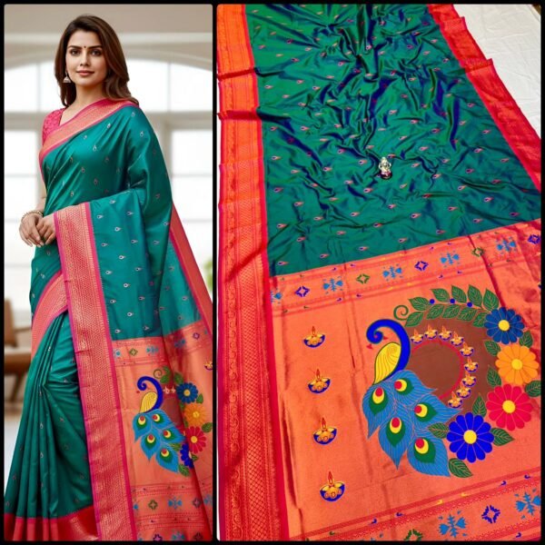 Kadiyal Paithani – Emerald Green with Pink Contrast | Premium Silk Feel